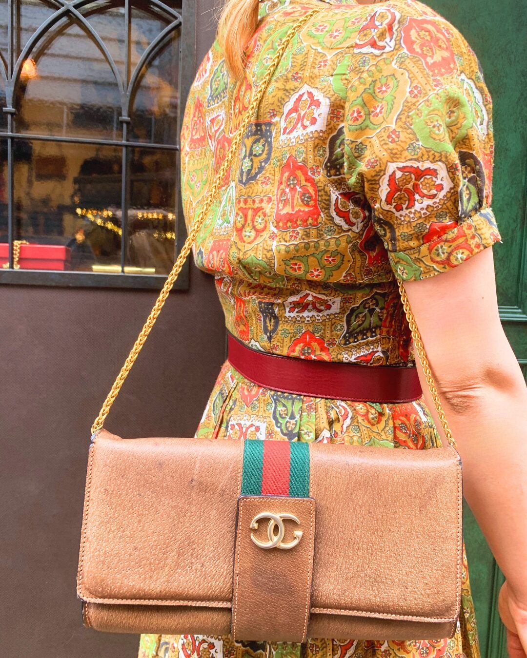 OLD Gucci ピグスキン横長チェーンクラッチバッグ(茶)