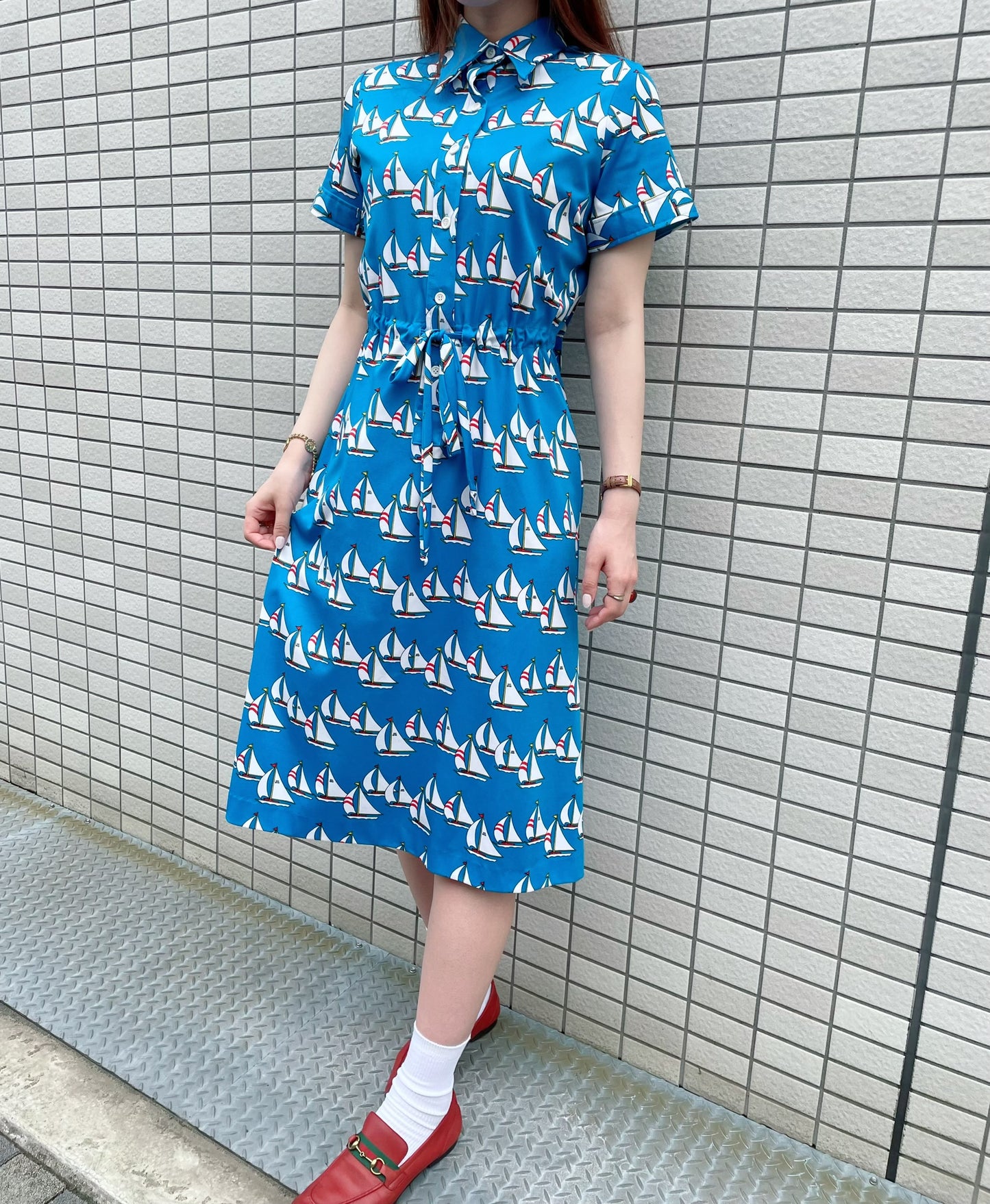 LANVIN ヨット柄vintage半袖ワンピース(水色)