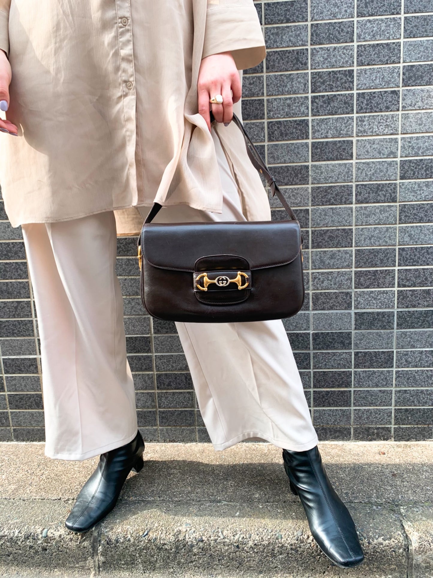 OLD Gucci 総革ビット&GG金具2WAYショルダー(濃茶)