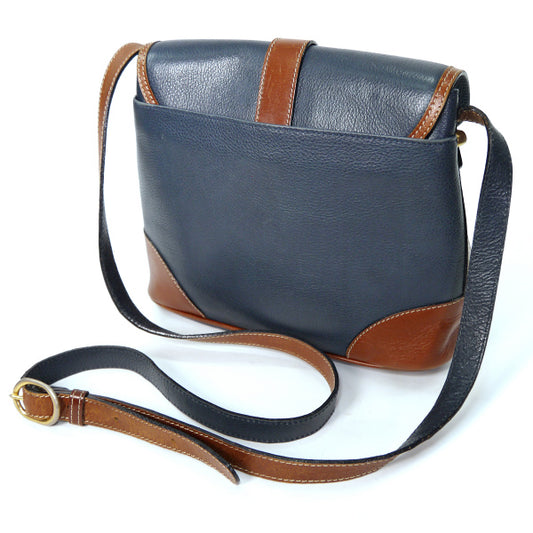 BALLY バイカラー総革ショルダーバッグ(紺×茶)