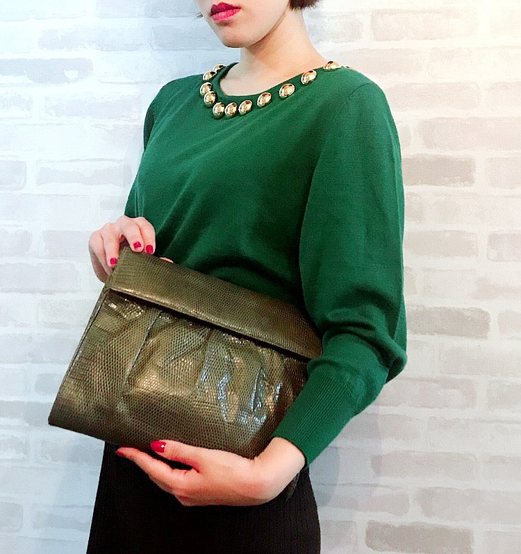 OLD Gucci リザード2WAYスクエアバッグ(深緑)