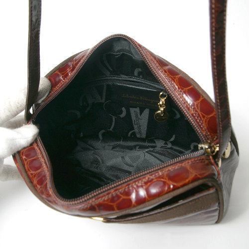 Salvatore Ferragamo クロコ型押し斜め掛けショルダー(茶)