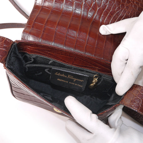 Salvatore Ferragamo ガンチーニ クロコ型押しショルダー(茶)