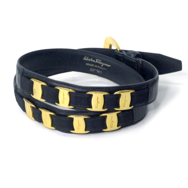 フェラガモ リボン 黒のレザーベルト Salvatore Ferragamo ミニVaraリボン レザーベルト（黒