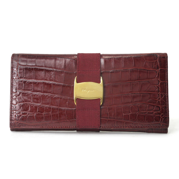 Salvatore Ferragamo Varaリボン クロコ型押し長財布（深赤