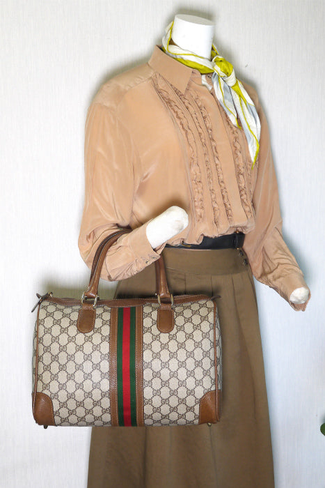 OLD Gucci 皮ラインボストン(茶・中)