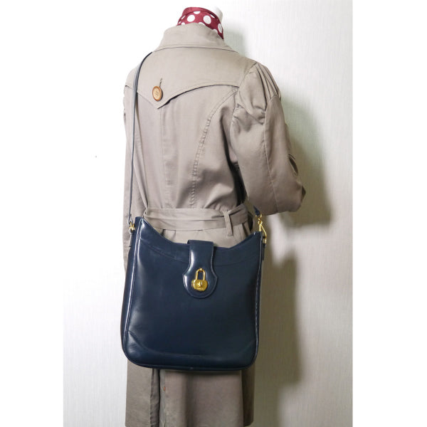 OLD Gucci 南京錠ターンロック総革ショルダーバッグ(紺)