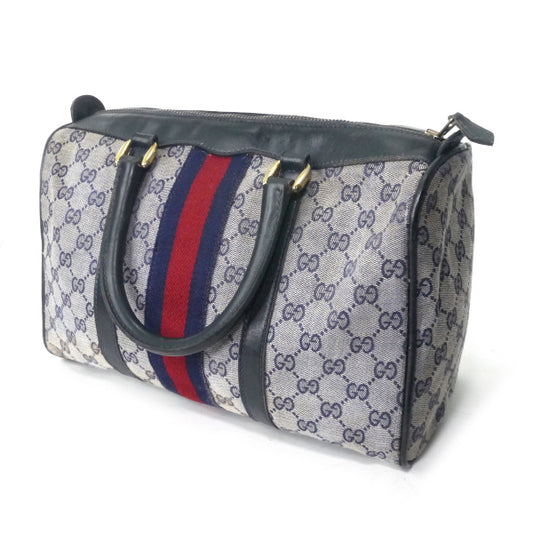 OLD Gucci 革2本シェリー ジャガードボストン(青/中)