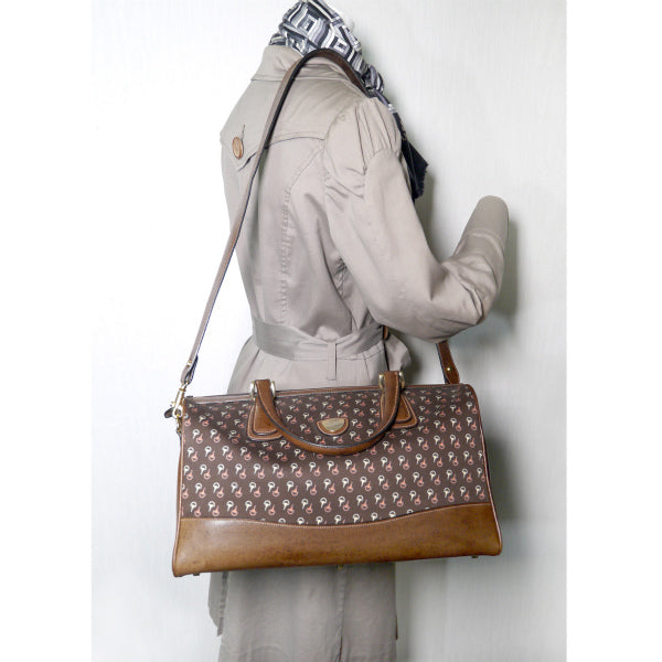 OLD Gucci ショルダー付きピンク×白ビット柄ボストン(茶)