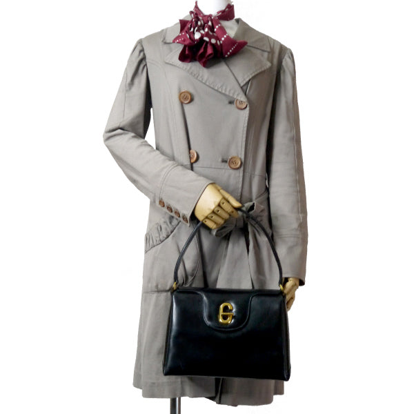 OLD Gucci Gターンロック総革ハンドバッグ(黒)
