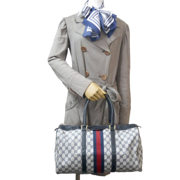 OLD Gucci 革ラインGG柄シェリー大型ボストン(青・大)