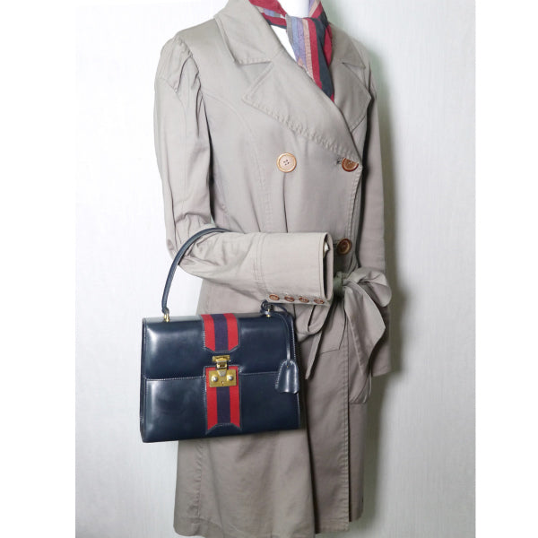 OLD Gucci レア!総革シェリー鍵付きハンドバッグ(紺)