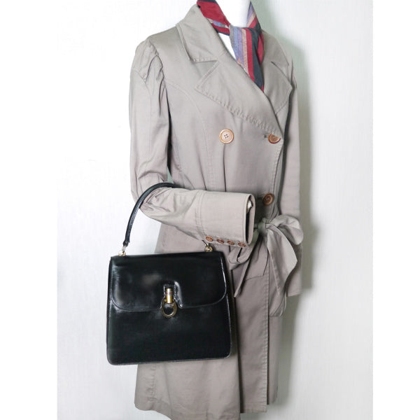 OLD Gucci 70s総革シェリー×G金具ハンドバッグ(黒)