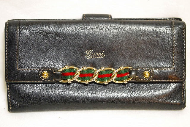 Gucci 総皮チェーン横長財布(黒)