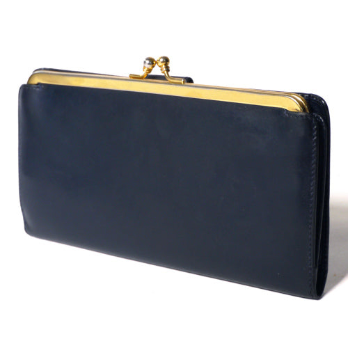 OLD Gucci総皮 筆記体 ロゴ長財布(紺・がま口)