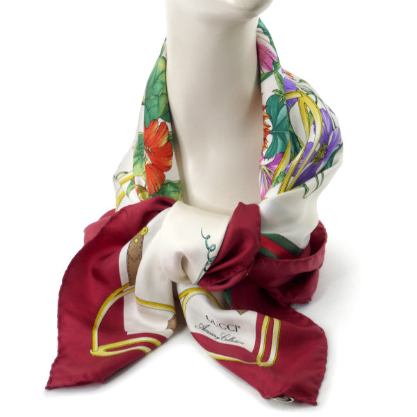 OLD Gucci アクセコ フローラ大判シルクスカーフ(深赤系)