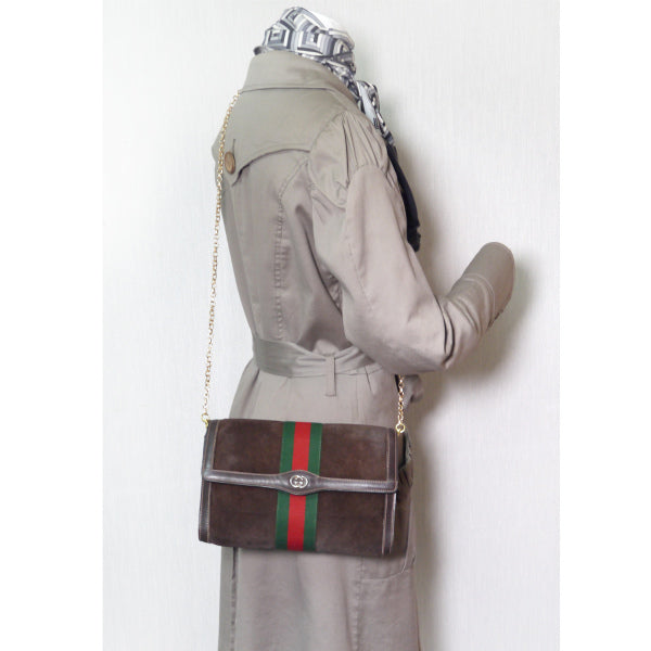 OLD Gucci Parfums チェーン付スエードクラッチバッグ(茶)