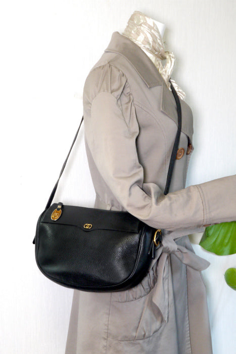 OLD Gucci 2WAY半円総革バッグ(型押し・黒)