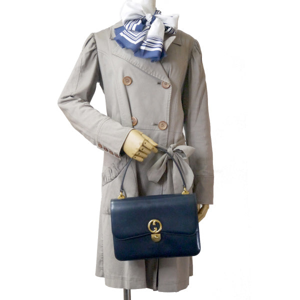 OLD Gucci ロゴ金具カーフレザーハンドバッグ(濃紺)