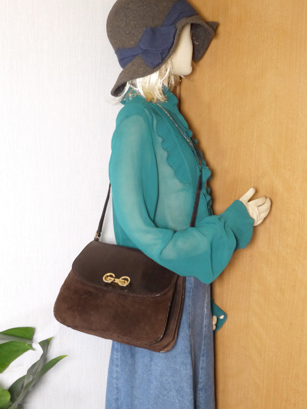 OLD Gucci 2WAYリザード×スエードG金具ショルダー(濃茶)