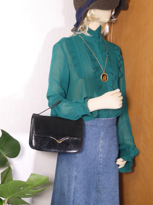 OLD Gucci ブラックストーン付リザード ハンドバッグ(黒)