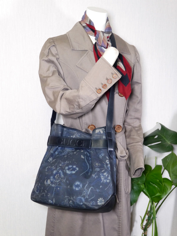 OLD Gucci フローラ大型巾着ショルダー(紺)