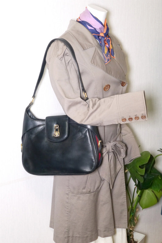 OLD Gucci レア!70s総革サイドシェリーショルダー(濃紺)