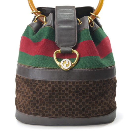 OLD Gucci お宝!スクエアGG巾着べっ甲ハンドバッグ(濃茶/スエード)
