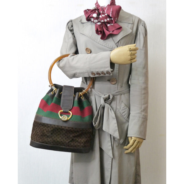 OLD Gucci お宝!スクエアGG巾着べっ甲ハンドバッグ(濃茶/スエード)