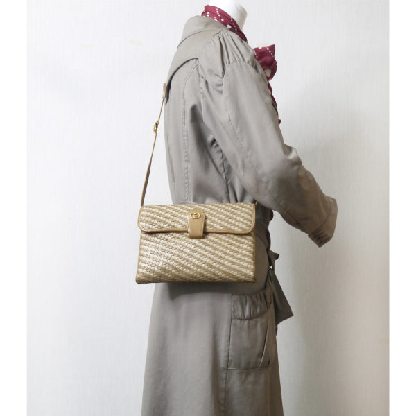 OLD Gucci 編み込みレザーポシェットバッグ(キャメル)
