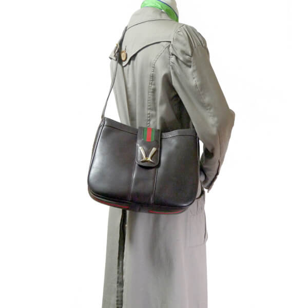 OLD Gucci レア!総革ブーツマーク金具ショルダー(濃茶)