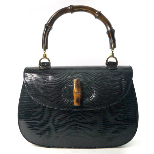 OLD Gucci バンブー高級ハンドバッグ(黒/リザード)