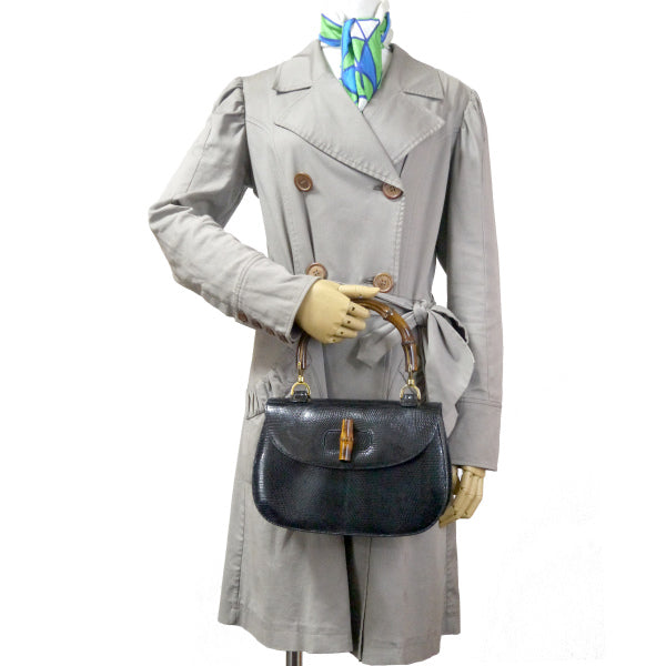 OLD Gucci バンブー高級ハンドバッグ(黒/リザード)