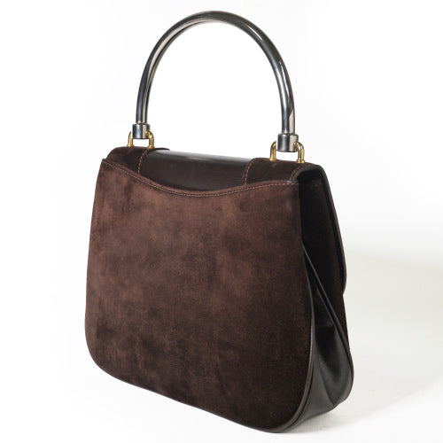 OLD Gucci シルバー持ち手スエードハンドバッグ(茶)