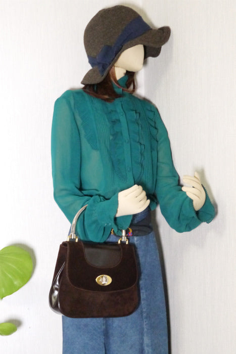OLD Gucci シルバー持ち手スエードハンドバッグ(茶)