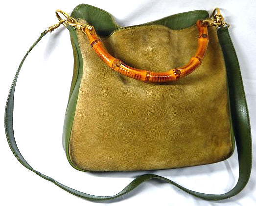 OLD Gucci ホーボー 2Wayバンブーバッグ(緑スエード 中)