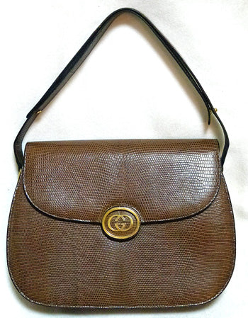 OLD Gucci リザード皮ショルダー(茶)
