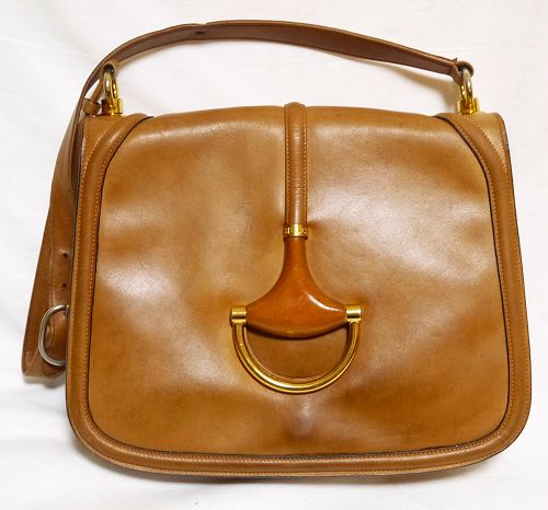 OLD Gucci キャメル総皮ウッドビットショルダー