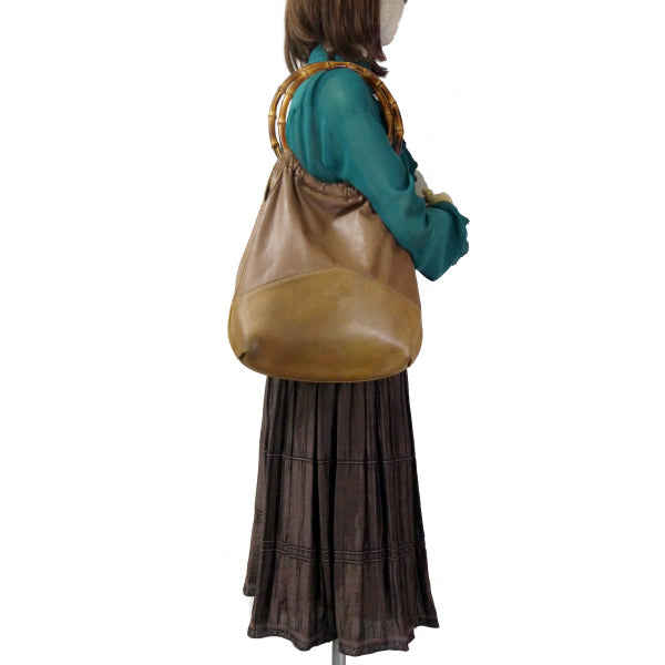 OLD Gucci バンブーサークルハンドル総革バッグ(茶)