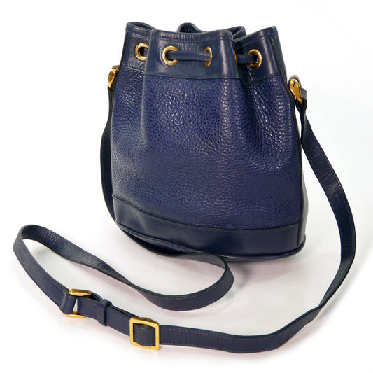 OLD Gucci 型押しレザー巾着ミニポシェット(紺)