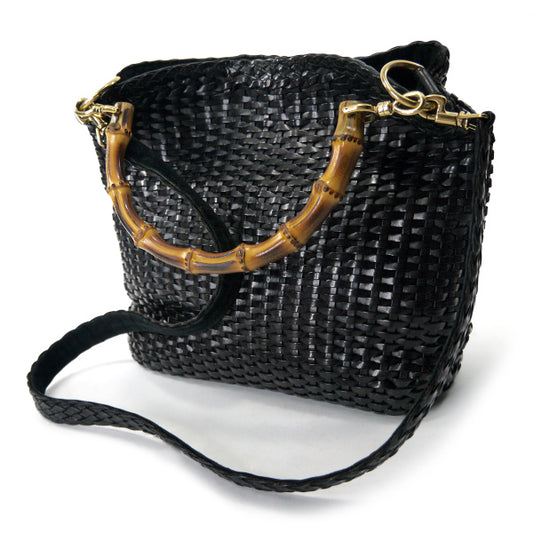 OLD Gucci ホーボー2Way編み込みレザーバンブーバッグ(黒・中)