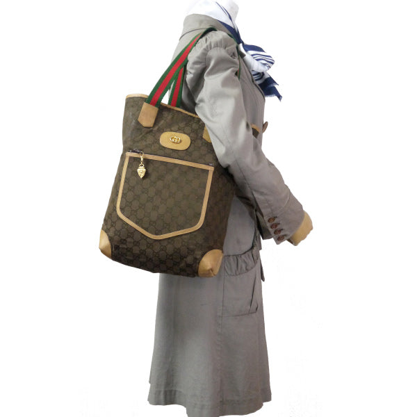OLD Gucci ポケット付GGキャンバス トートバッグ(茶)