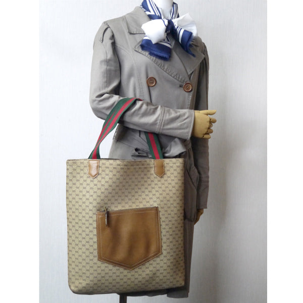 OLD Gucci マイクロGG革ポケット トートバッグ(ベージュ/ジャガード)