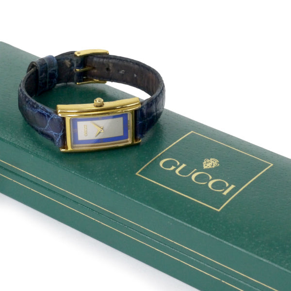 OLD Gucci 長方形フェイス クロコバンド腕時計(青)
