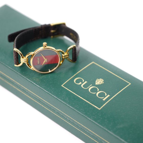 OLD Gucci <訳あり>サイドビットシェリー腕時計(リザード・濃茶)