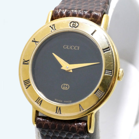 OLD Gucci ギリシャ数字ブラックフェイス腕時計(リザード・茶)