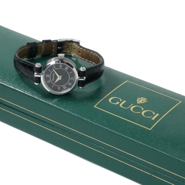OLD Gucci ディアマンテ文字盤サイドラインミニ腕時計(黒/クロコ)