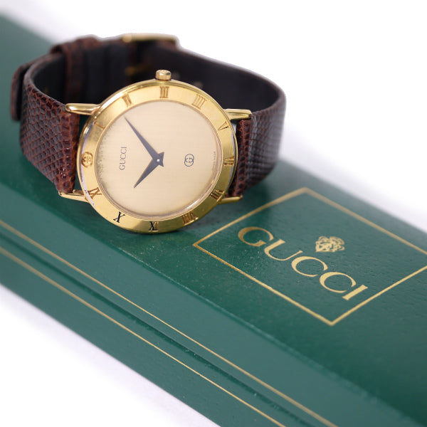 OLD Gucci ギリシャ数字 ビッグ腕時計(リザード/濃茶)
