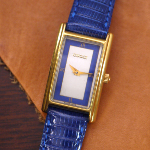 OLD Gucci リザード青バンド腕時計 長方形