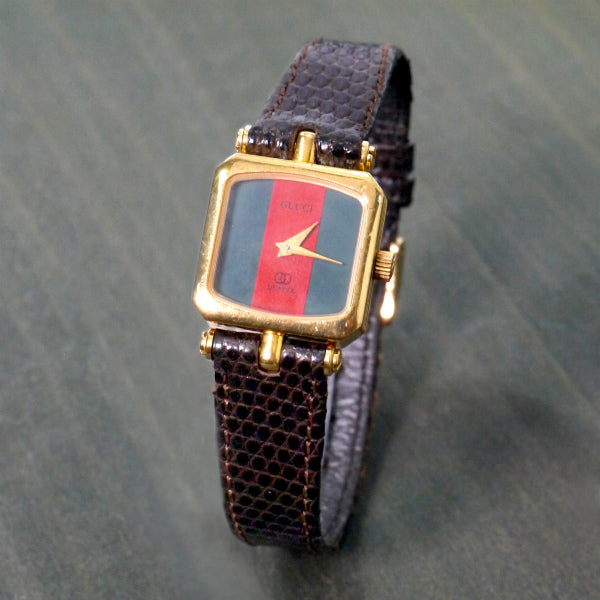 OLD Gucci スクエアシェリー腕時計（濃茶リザード・小） – Vintage